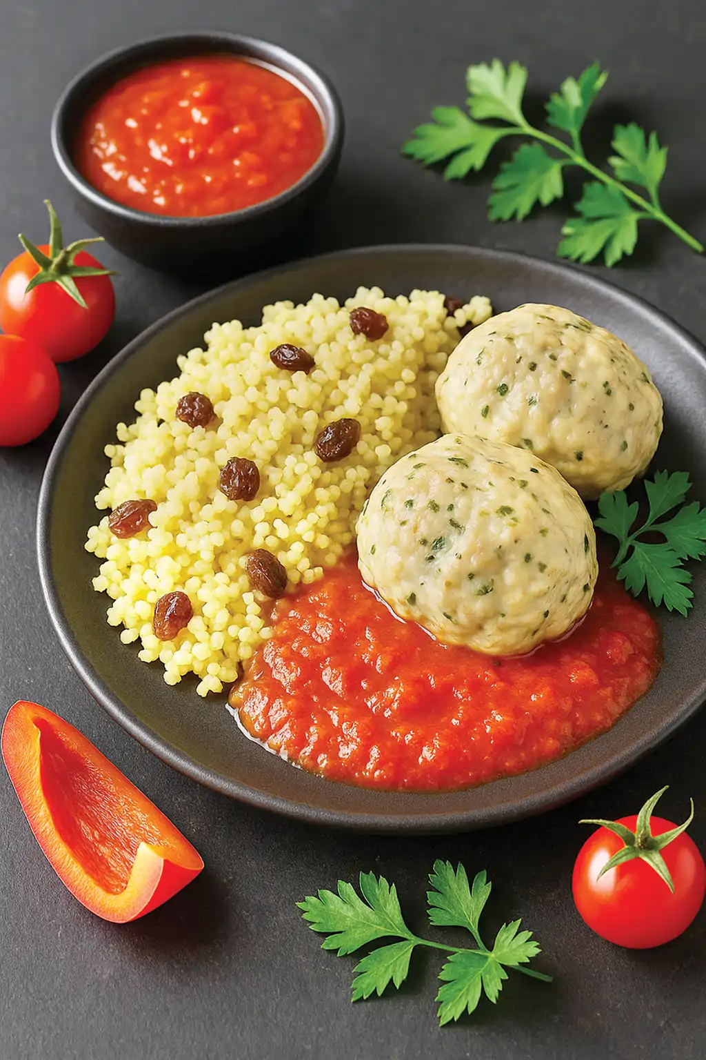 Котлеты из индейки в чесночном маринаде с томатным соусом и кускусом с изюмом