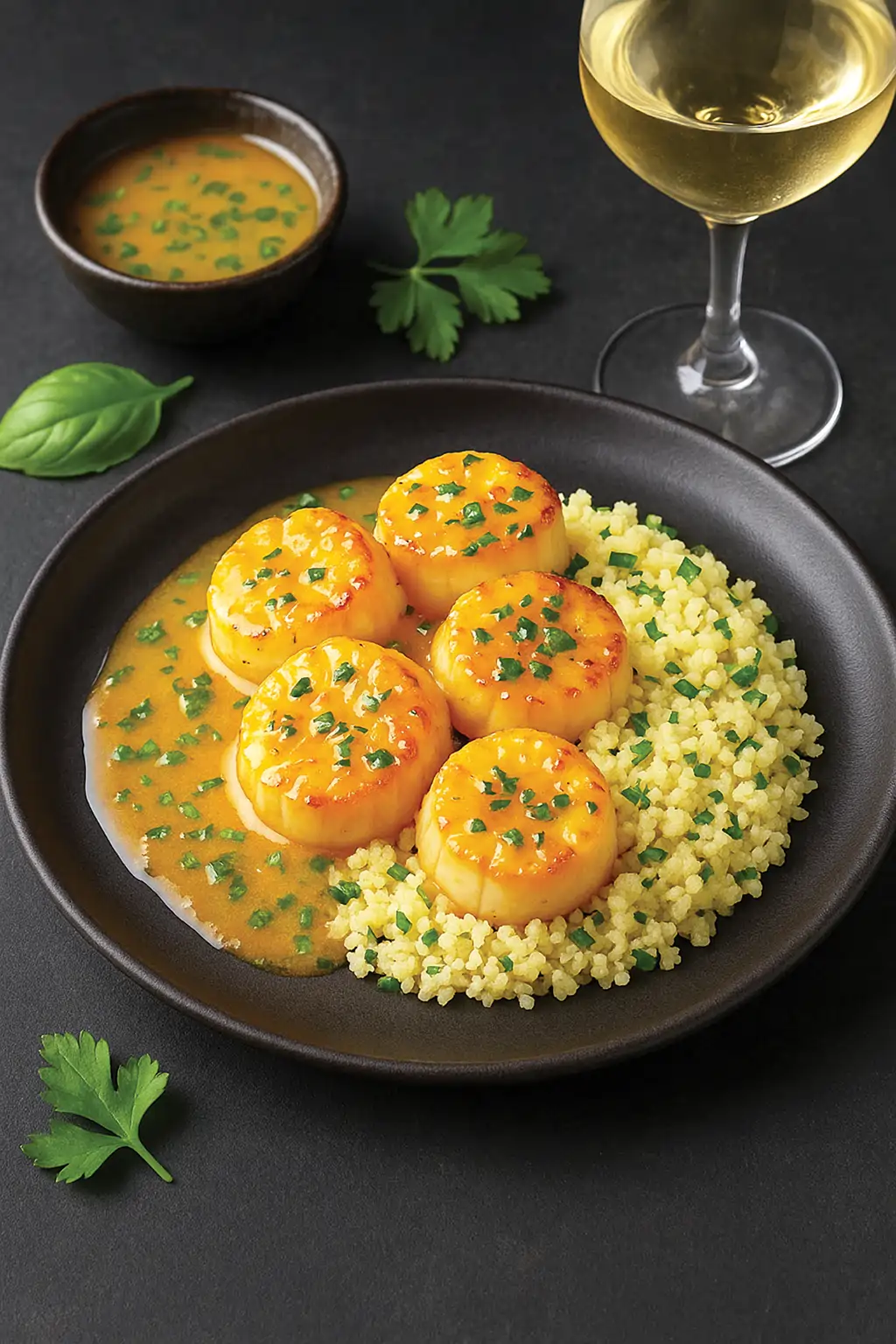 Морские гребешки в винном маринаде с пряным цитрусовым соусом и кускусом с петрушкой