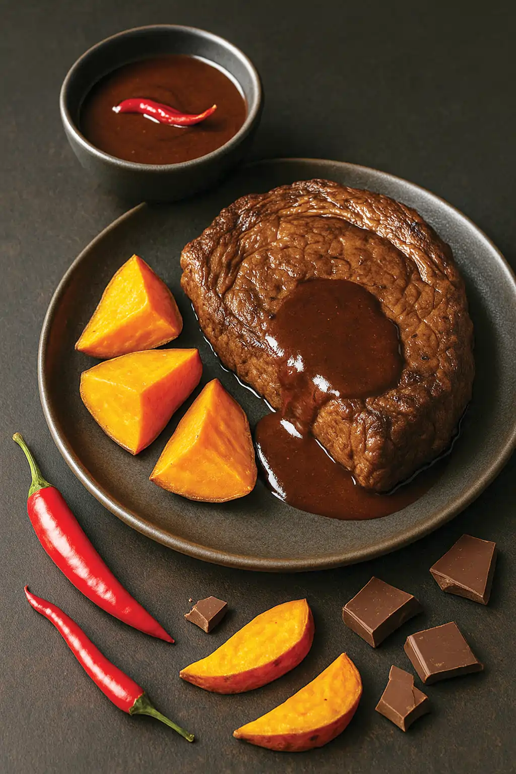 Стейк рибай в кофейном маринаде с острым шоколадным соусом и печеным бататом