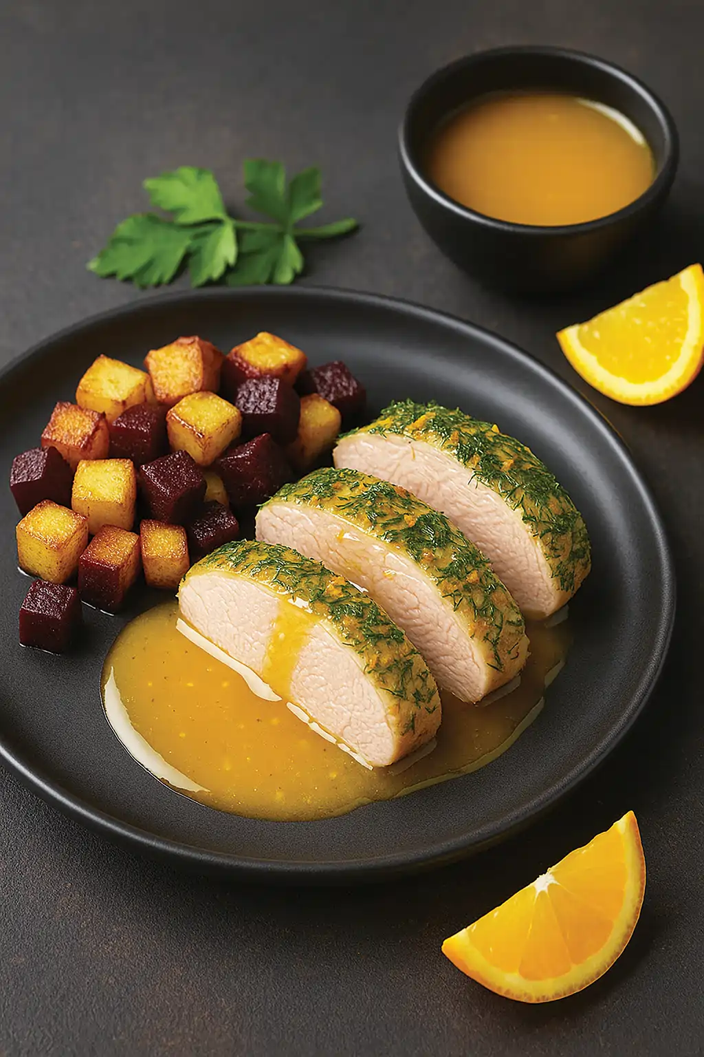 Утиная грудка в апельсиновом маринаде с луковым соусом и корнеплодами