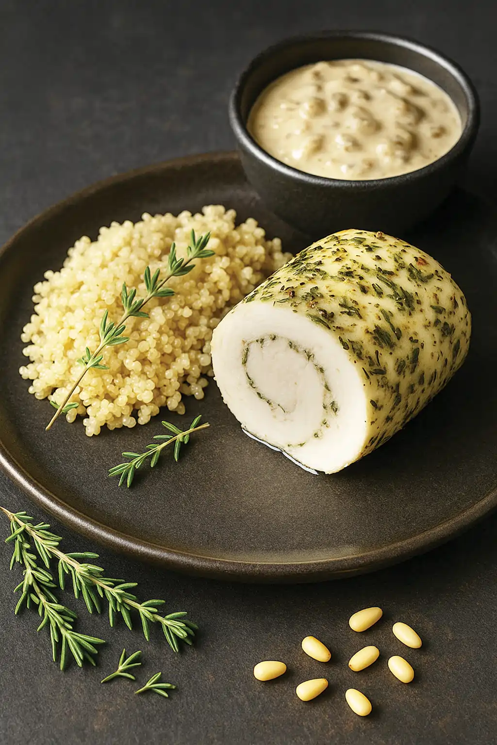 Куриный рулет в прованском маринаде с грибным соусом и киноа 