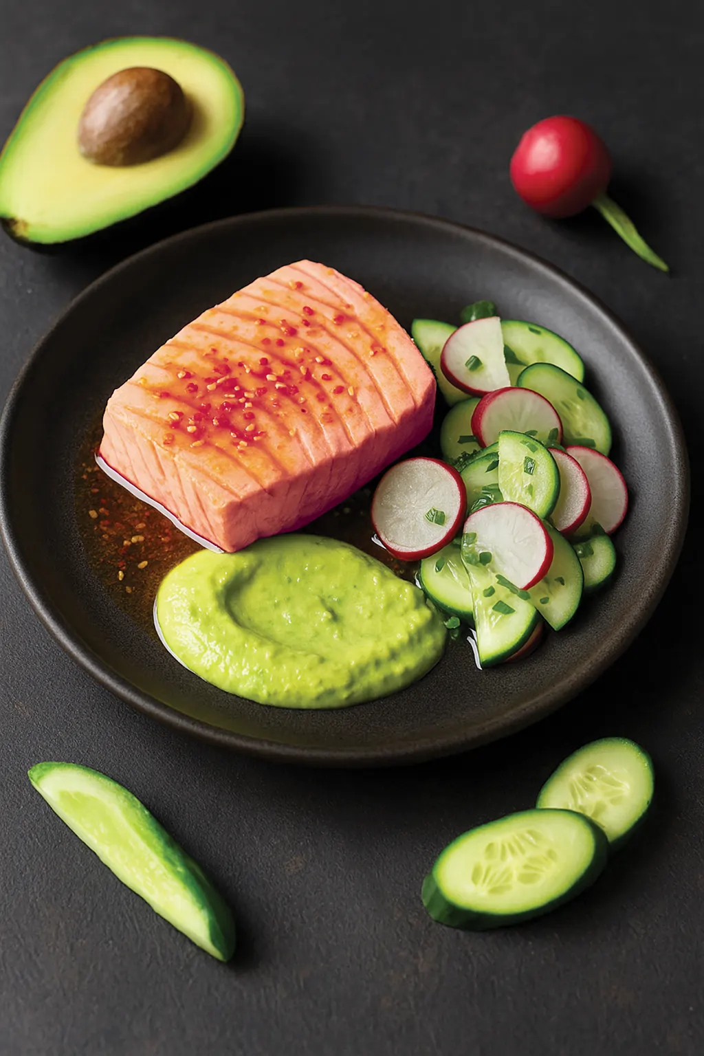 Тунец в азиатском маринаде с зеленым соусом и салатом из огурца и редиса