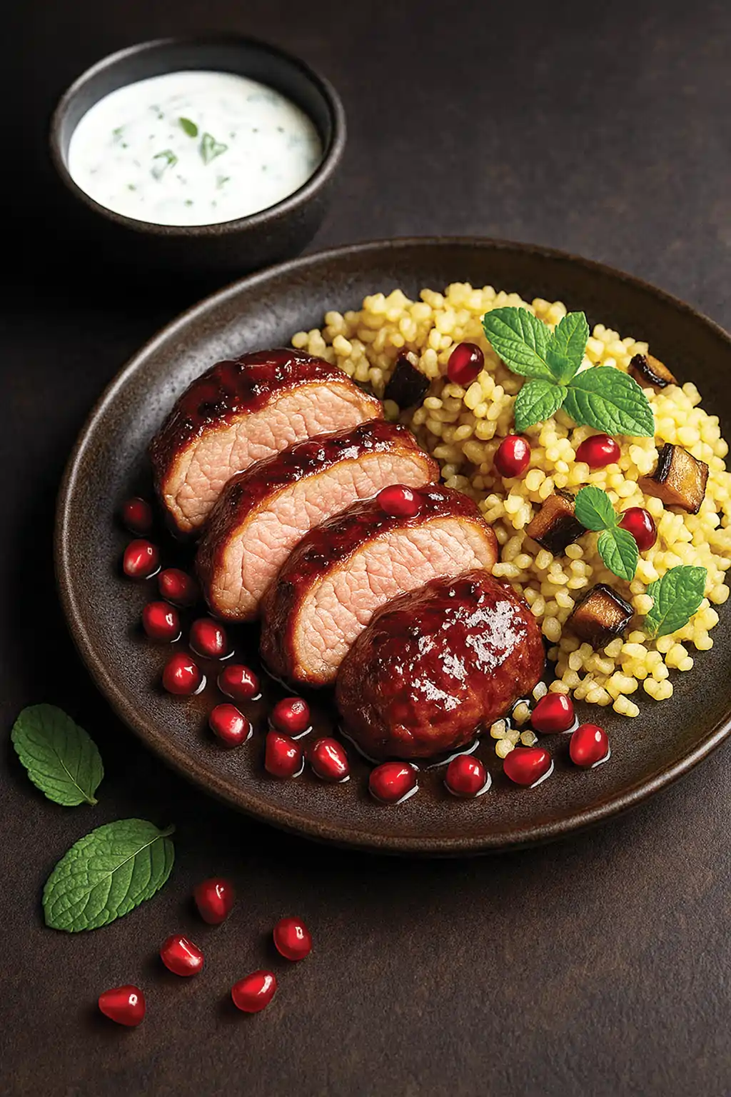 Ягнятина в гранатовом маринаде с йогуртовым соусом и булгуром с печеным баклажаном