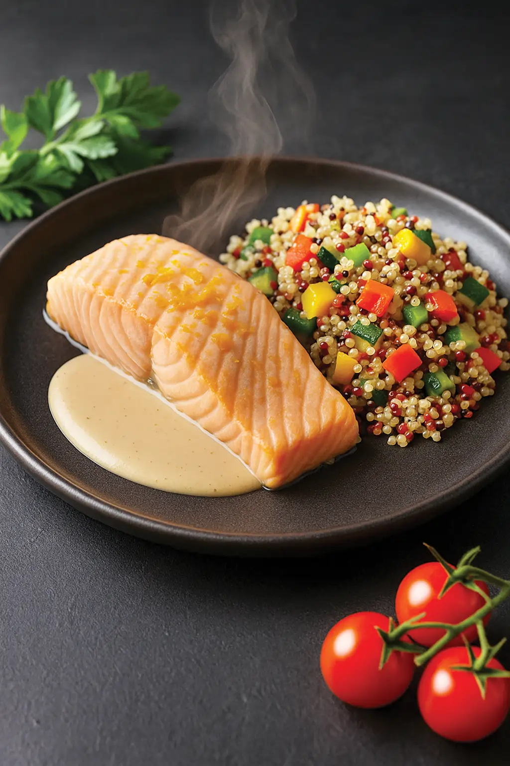 Лосось в цитрусовом маринаде с лемонграссовым соусом и гарниром из киноа с овощами