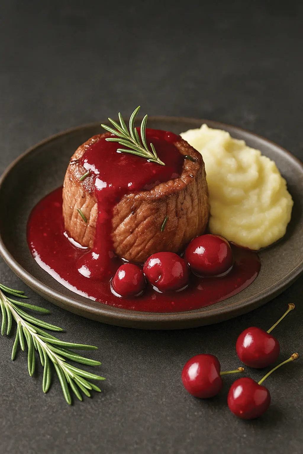 Филе-миньон в розмариновом маринаде с вишневым соусом и картофельным пюре