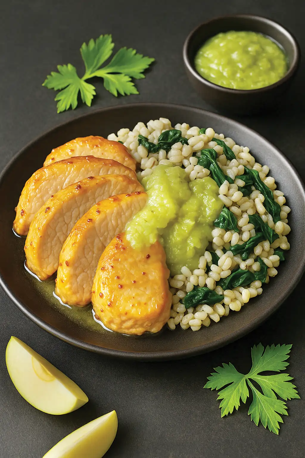 Свинина в медово-горчичном маринаде с яблочно-сельдереевым соусом и перловкой со шпинатом