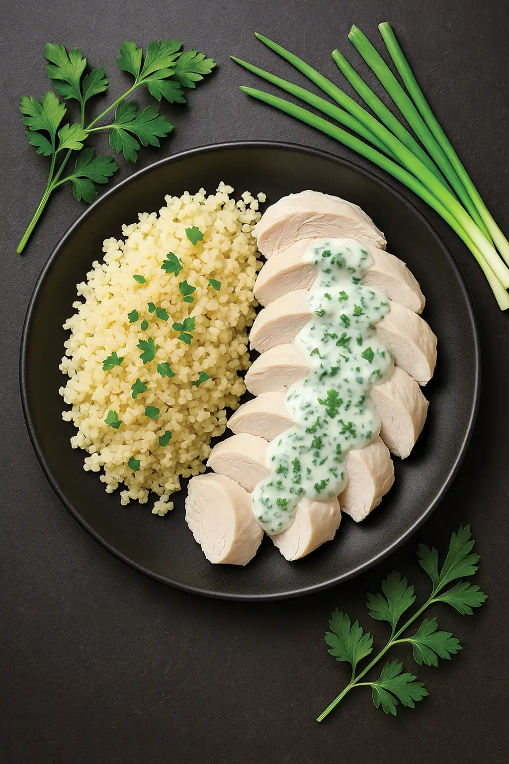 Филе индейки в пахте с йогуртовым соусом и гарниром из кускуса