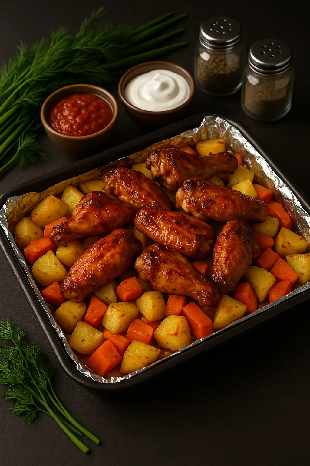 Куриные крылья с овощами