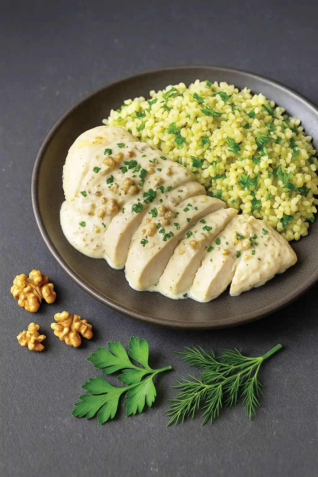 Куриное филе в йогуртовом маринаде с орехово-чесночным соусом и булгуром с зеленью