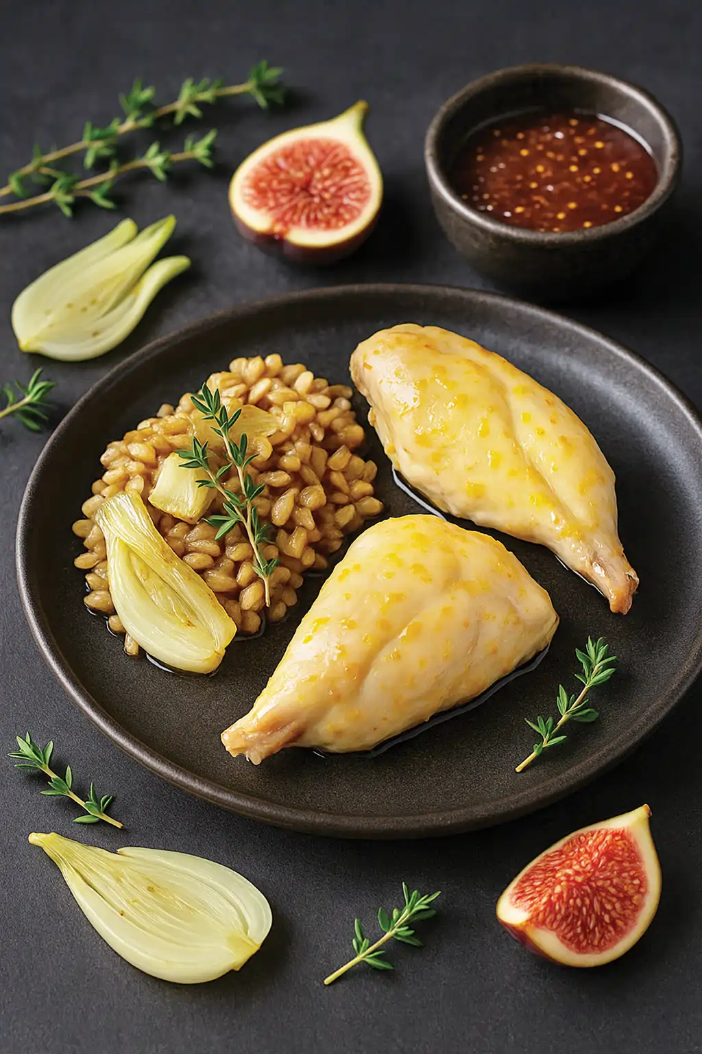 Кролик в цитрусовом маринаде с инжирным соусом и полбой с печеным фенхелем