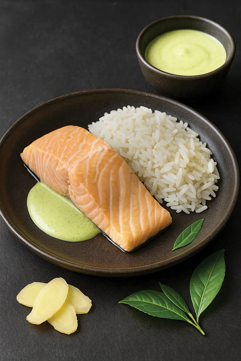 Лосось в зеленом чае с соусом йогурт-матча и жасминовым рисом