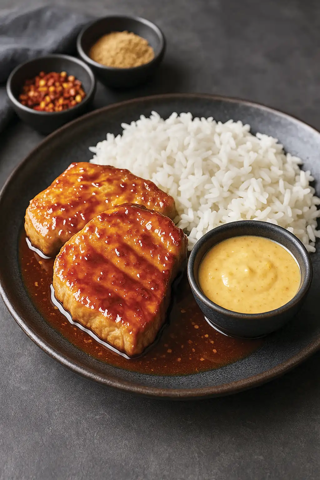 Свинина в соево-медовом маринаде с мисо-имбирным соусом и рисом жасмин