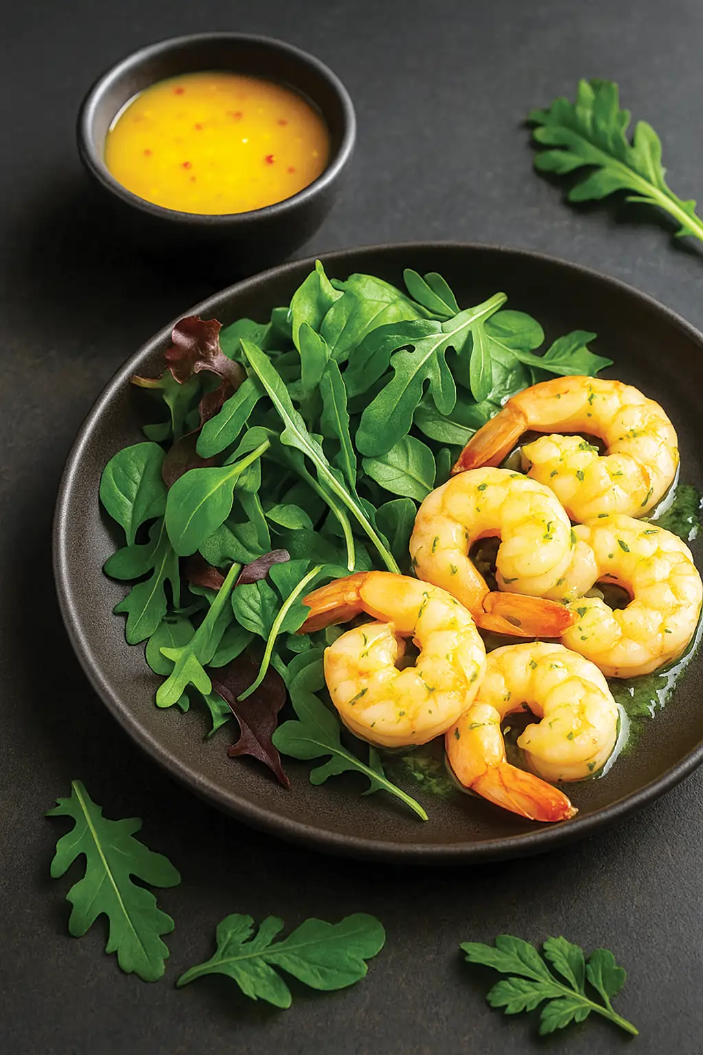 Креветки в лаймовом маринаде с соусом манго-чили и микс-салатом из зелени