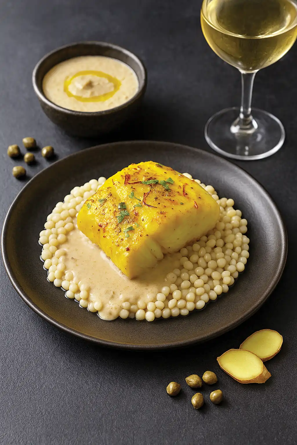 Треска в шафрановом маринаде с миндальным соусом и пастой птитим